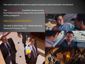 Sample Outline for Film Evaluation. Images in this slide are taken from The Wolf of Wall Street, dir. Martin Scorsese, Paramount, 2013.