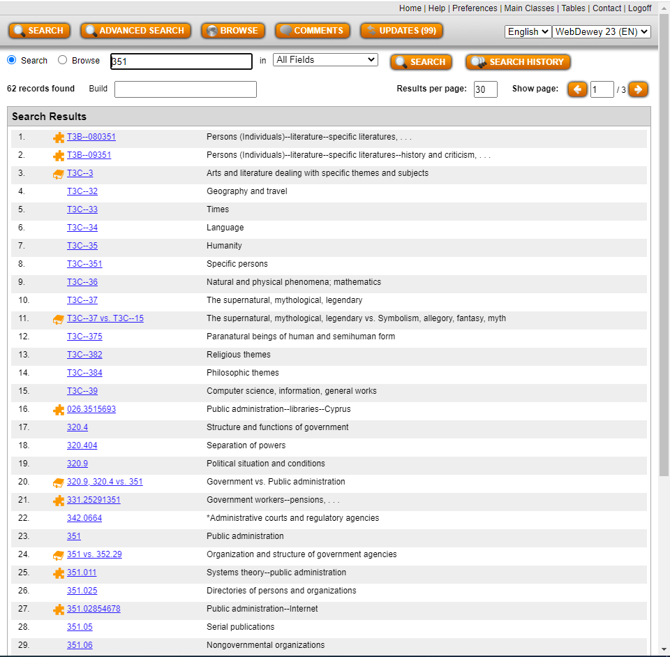 Screenshot of WebDewey search results for &quot;351&quot;