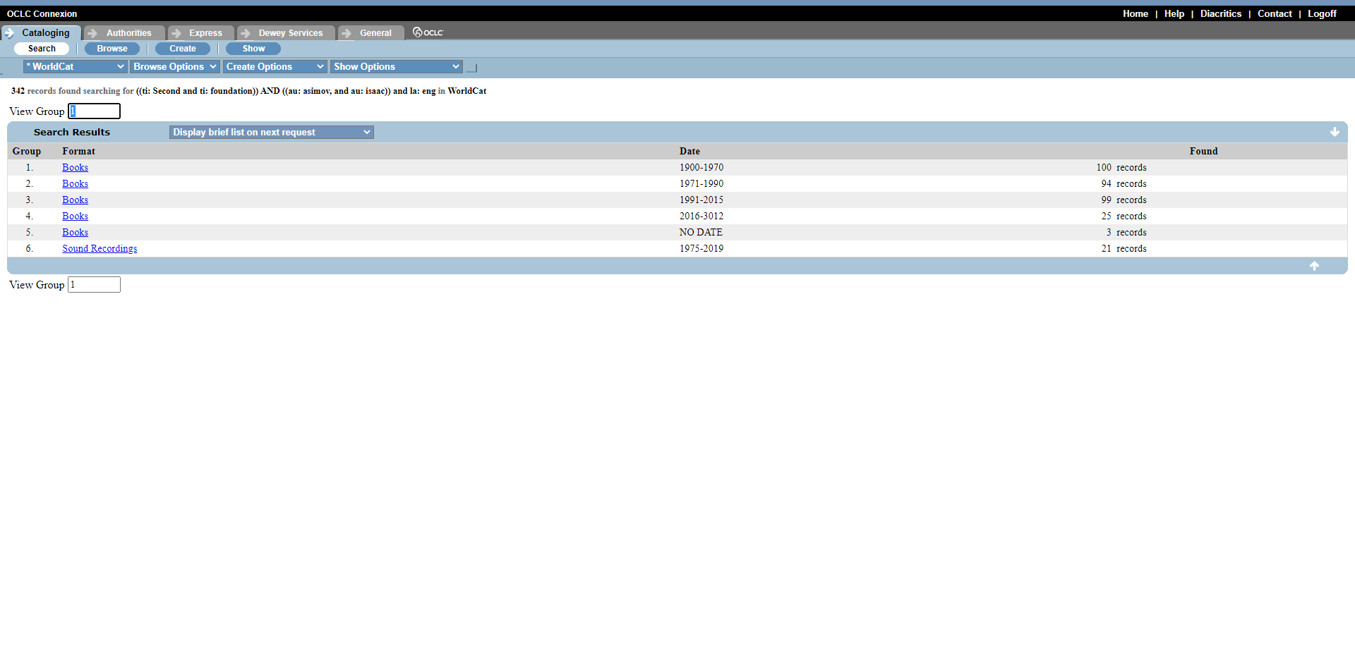 A results page screenshot from OCLC Connexion.