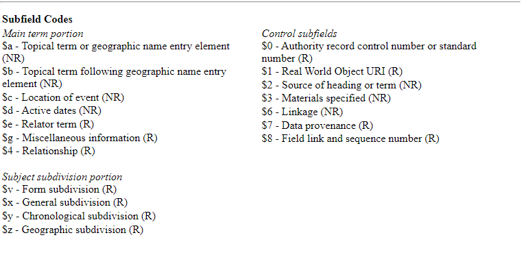 Screenshot of Library of Congress MARC Bibliographic Field 650 page, containing various subfields.