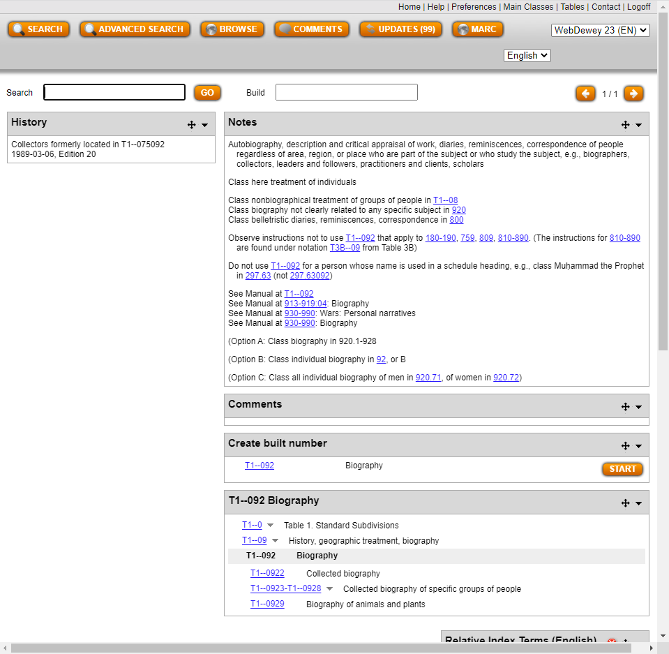 Screenshot of Table 1 Number 092 and class 920 page.