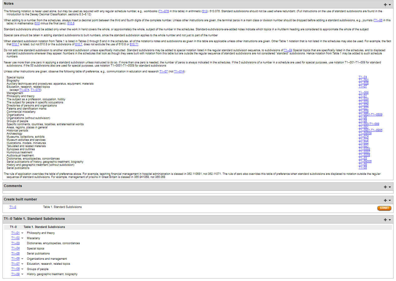 Screenshot of WebDewey Table 1 page.