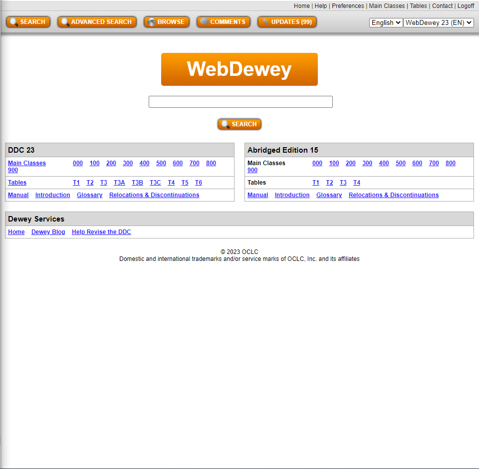 Screenshot of the WebDewey home page.