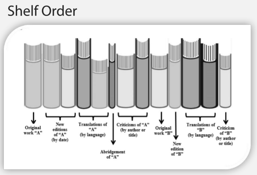 A depiction of the order of works on a shelf: Original work, editions, translations abridgements, criticisms, and related works.